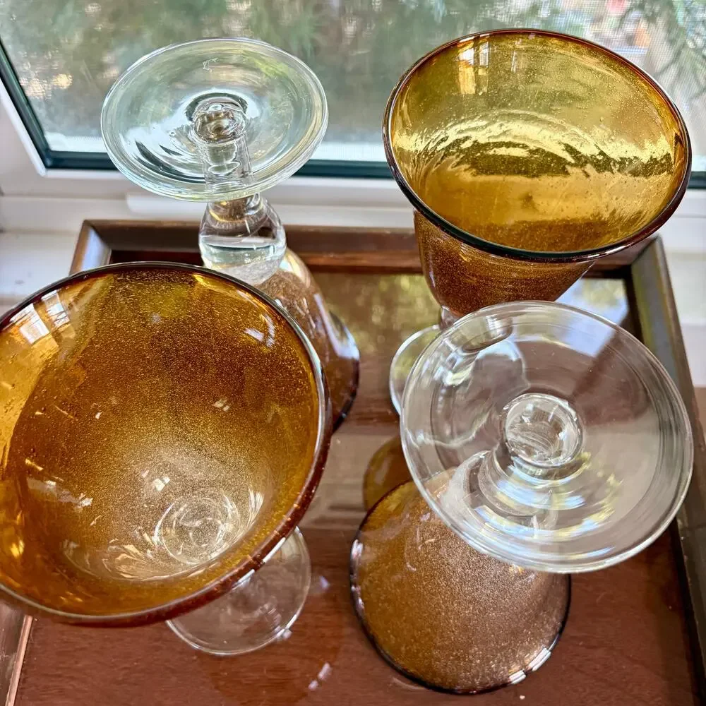 Set of 4 Artland Amber Bubble Glass Goblets 8.25” Tall Vintage Wine Glasses